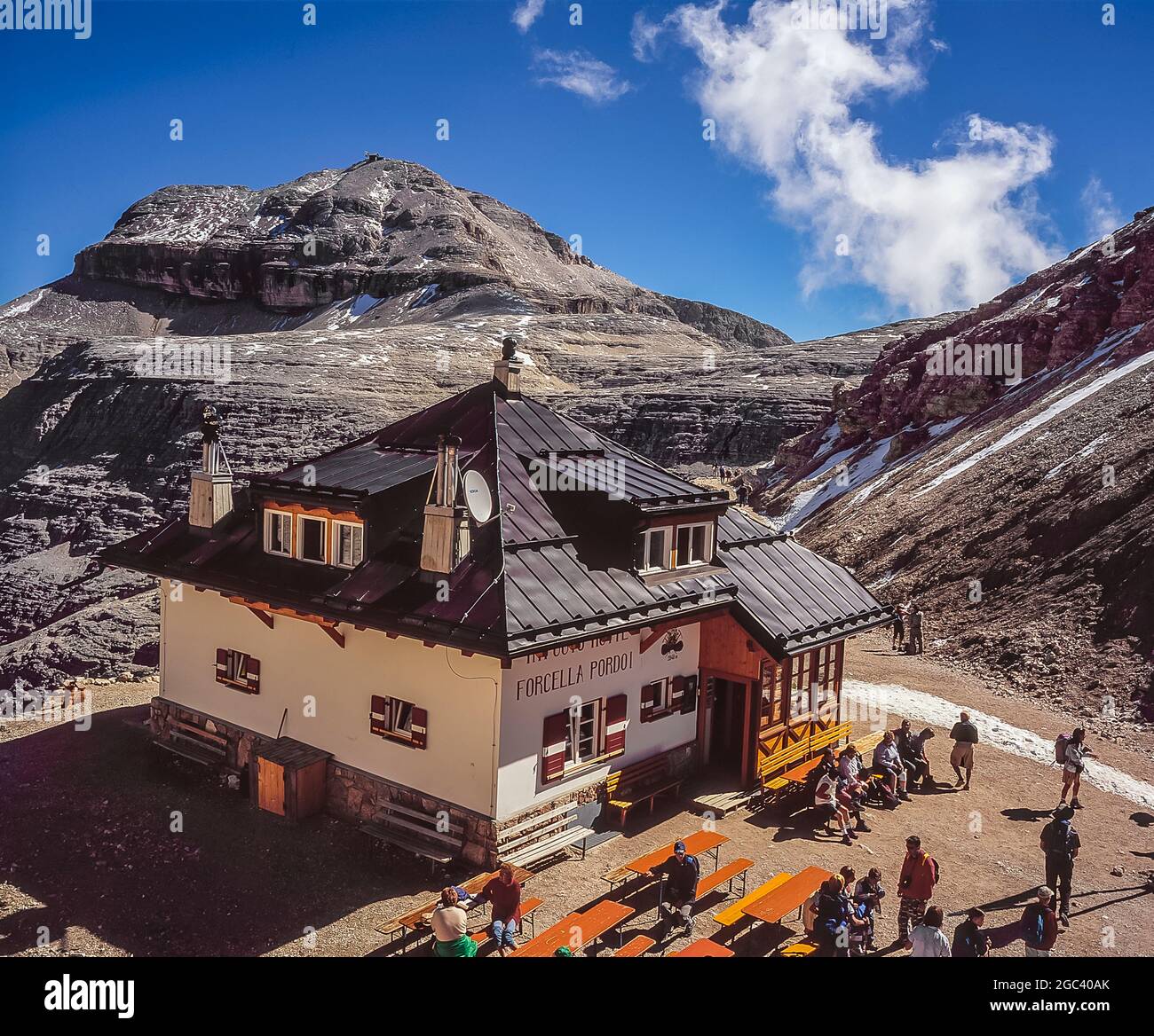 This is the privately owned Rifugio Forcella al Pordoi located on the edge of the Sella massif-Piz Boe plateau not far from at the head of the Passo Pordoi cable car looking towards Piz Boe 3152m mountain, the highest mountain in the Sella Group. The area around the refuge-hut was included as part of the film set for Sylvester Stallone's movie cliffhanger Stock Photo