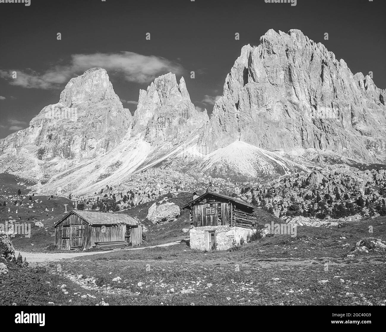 These are the dramatic peaks of Langkofel from Sella Joch-Pass in the Italian Dolomites of the Alto Adige Stock Photo