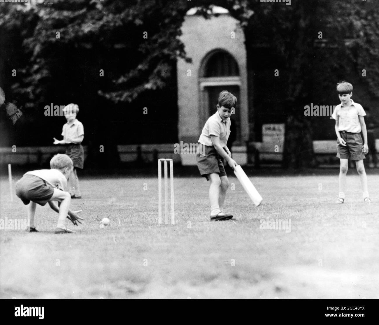 Prince Charles playing cricket with school friends 1 May 1957 - batsman Stock Photo