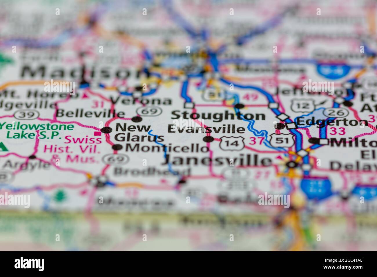 Evansville Wisconsin USA shown on a road map or Geography map Stock Photo