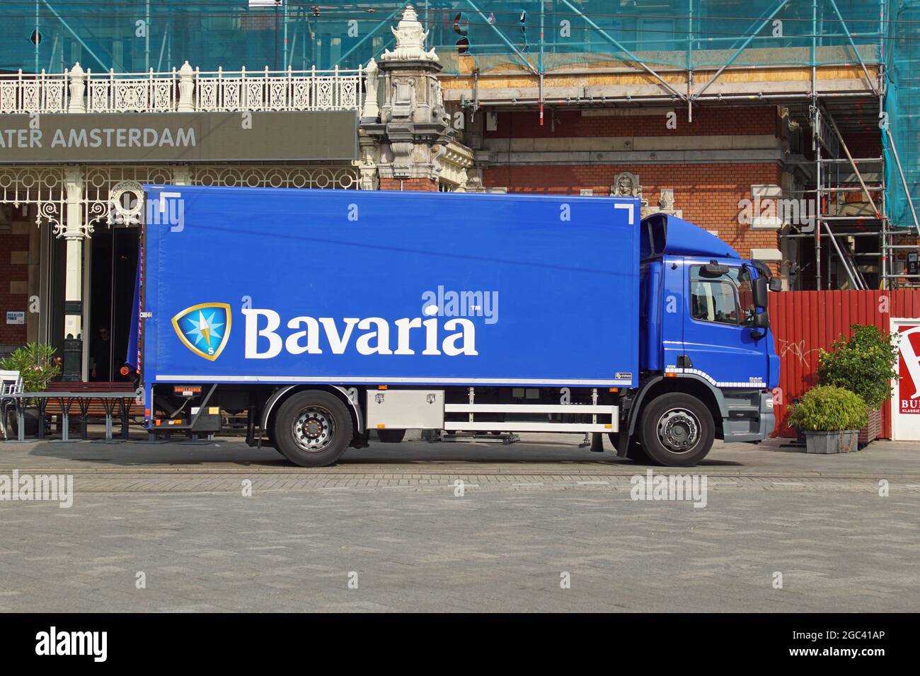 Amsterdam, the Netherland - August 5, 2021: Bavaria beer delivery truck parked by the side of the road. Nobody in the vehicle. Stock Photo