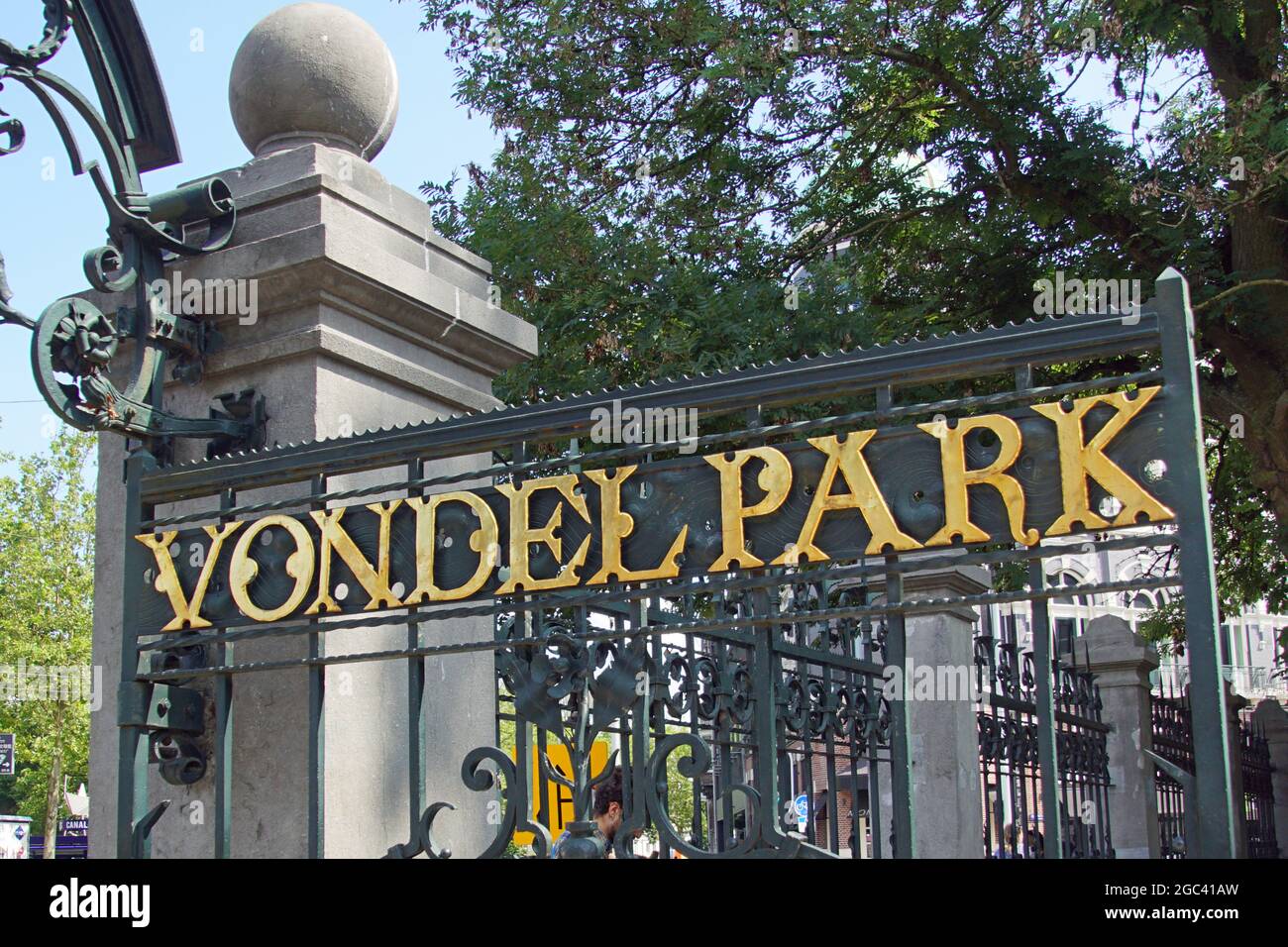 Amsterdam, the Netherland - August 4, 2021: Gate entrance sign The Vondelpark, a public urban park in the center of the Dutch capitol Amsterdam. Stock Photo