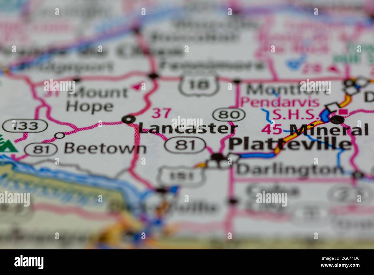 Lancaster Wisconsin USA shown on a road map or Geography map Stock