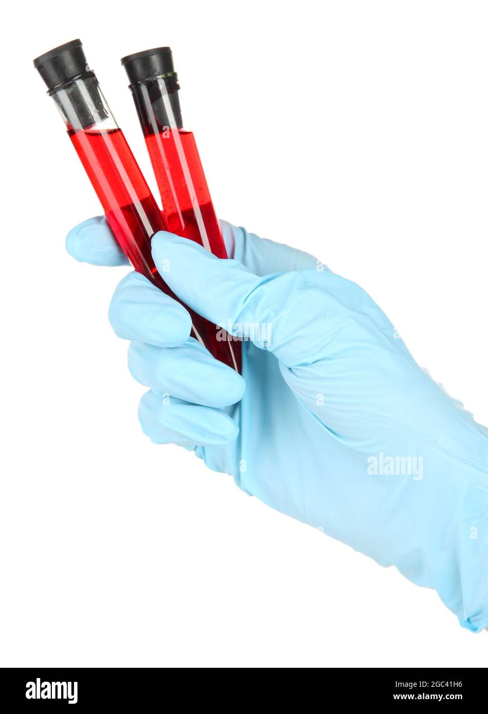Test tubes with blood in hand isolated on white Stock Photo - Alamy