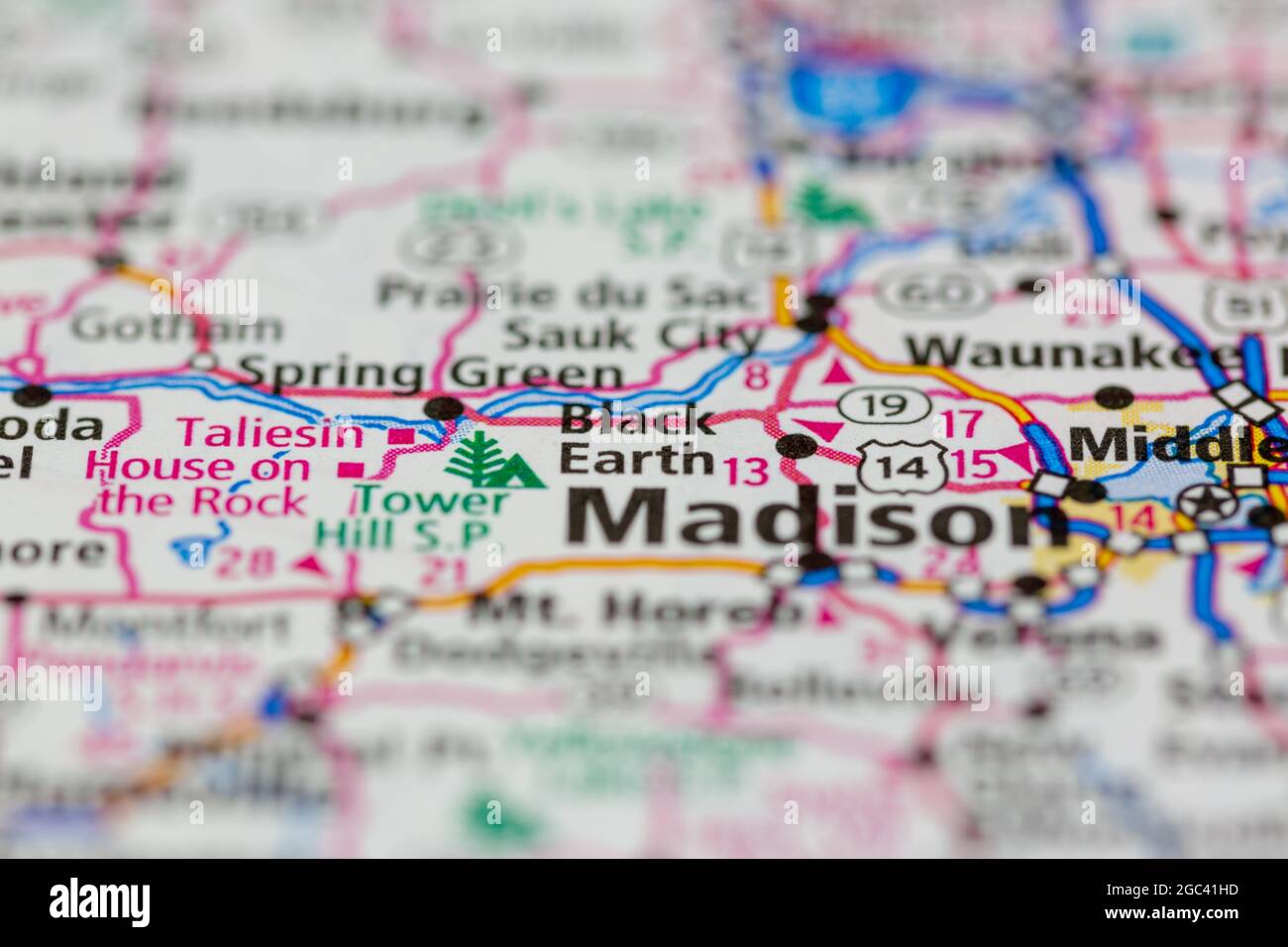 Black Earth Wisconsin USA shown on a road map or Geography map Stock