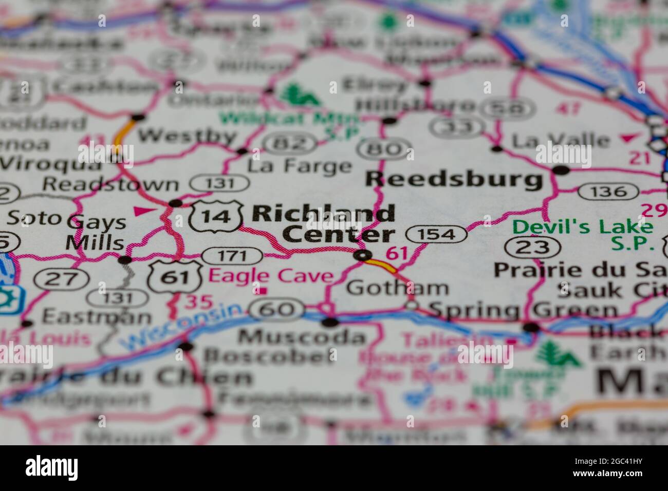 Richland Center Wisconsin USA shown on a road map or Geography map Stock Photo