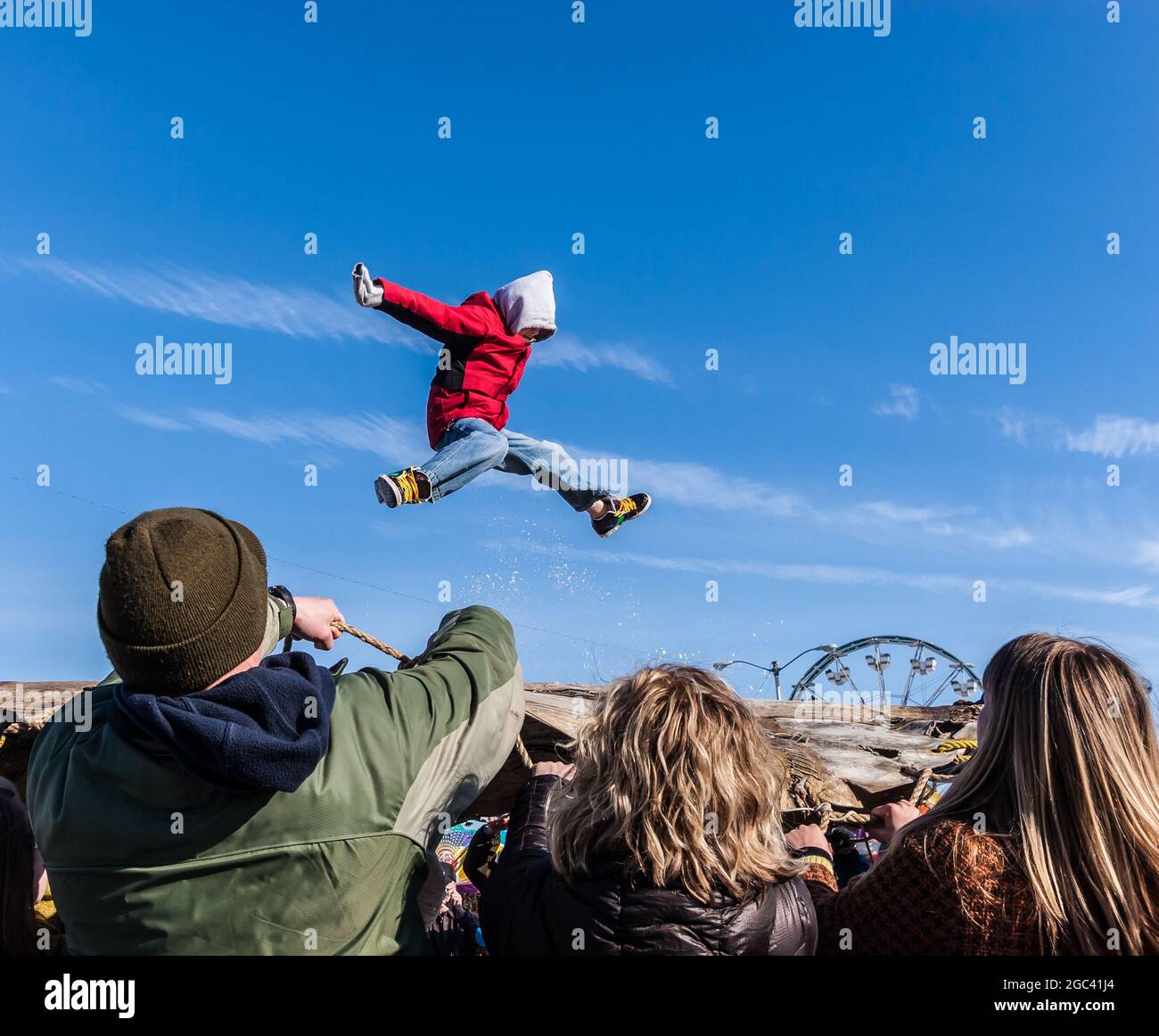 The Traditional Blanket Toss at Fur Rondy, Anchorage, Alaska, USA Stock