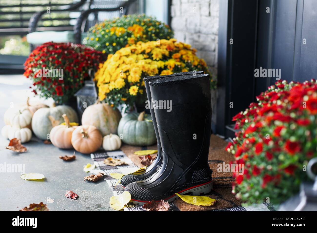 https://c8.alamy.com/comp/2GC425C/rain-boots-sitting-on-door-mat-of-front-porch-that-has-been-decorated-for-autumn-with-heirloom-white-orange-and-grey-pumpkins-and-mums-2GC425C.jpg