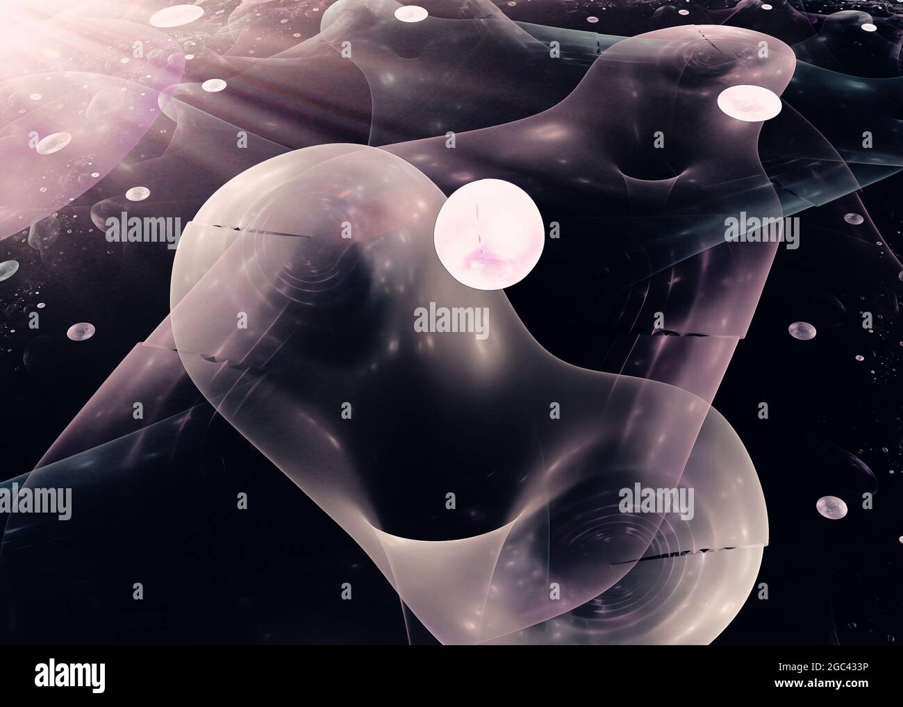 Abstract digital illustration of nuclear fission with random orbs ...