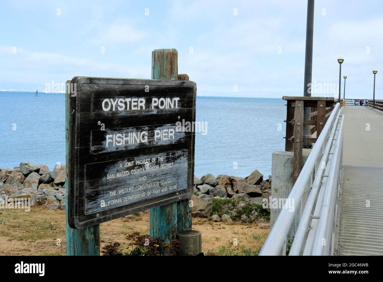 Sign at Oyster Point Fishing Pier in South San Francisco, in San Mateo County, California; Stock Photo