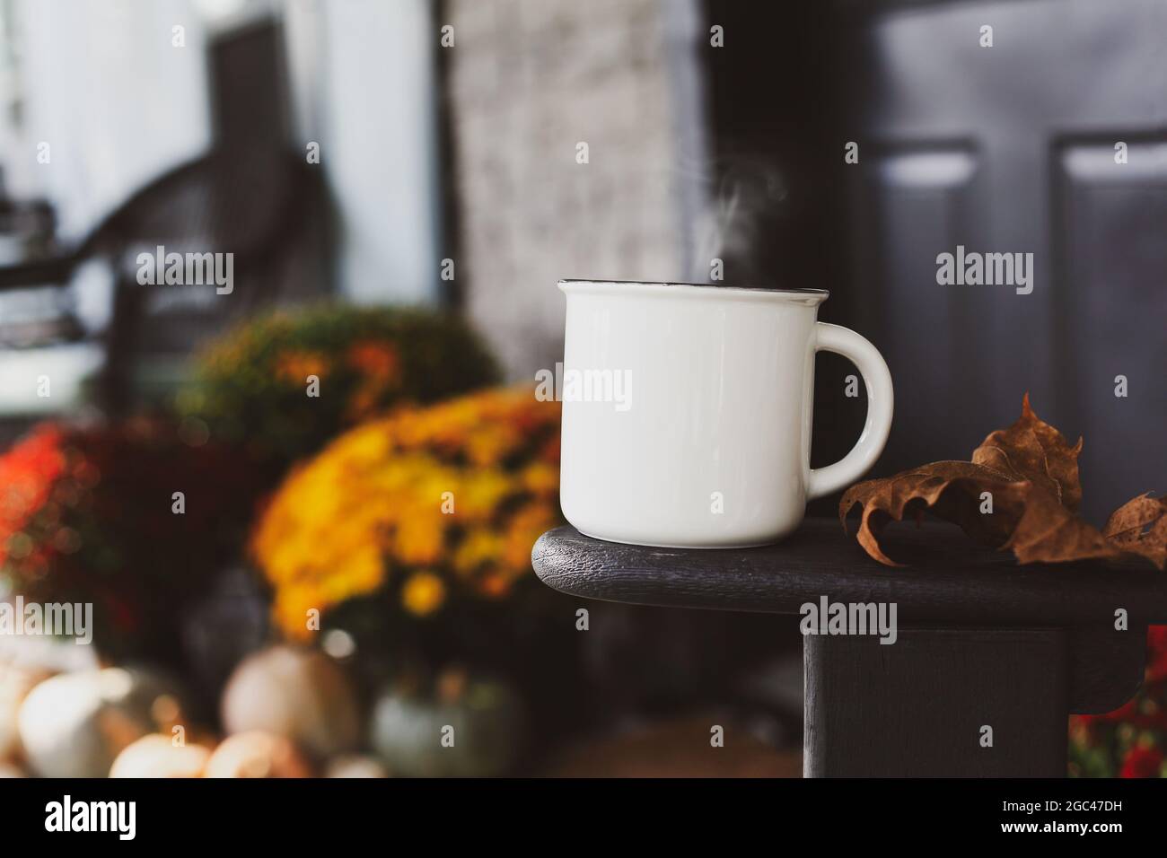 Steaming coffee cup sitting on arm of rocking chair on a front porch that has been decorated for autumn with heirloom pumpkins and mums. Stock Photo