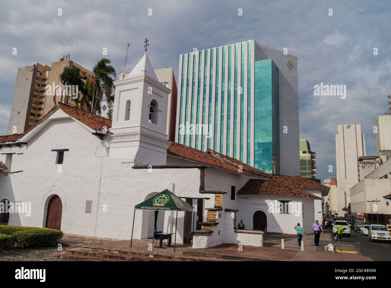 CALI, COLOMBIA SEPTEMBER 9, 2015 Modern bank building behind Iglesia