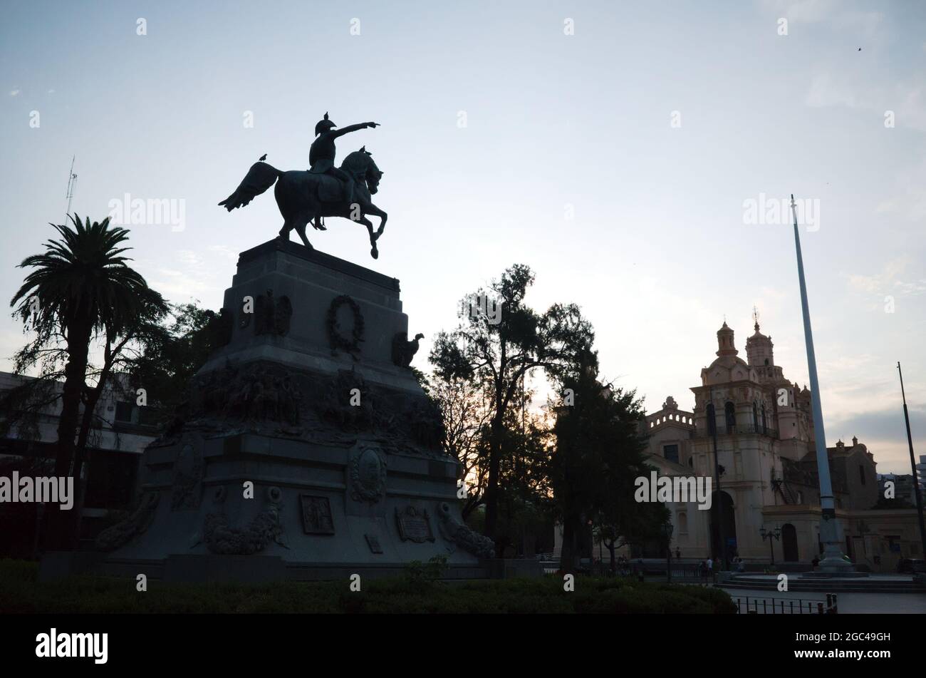 Cordoba, Argentina - January, 2020: Silhouette of statue of General San Martin on horseback in Plaza San Martin at dusk Stock Photo