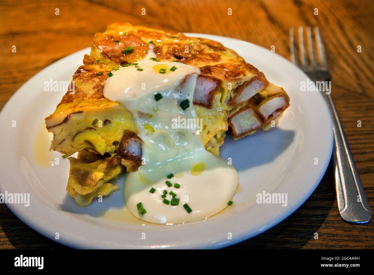 Slice of a tasty tortilla omelette from a Spanish restaurant in Los