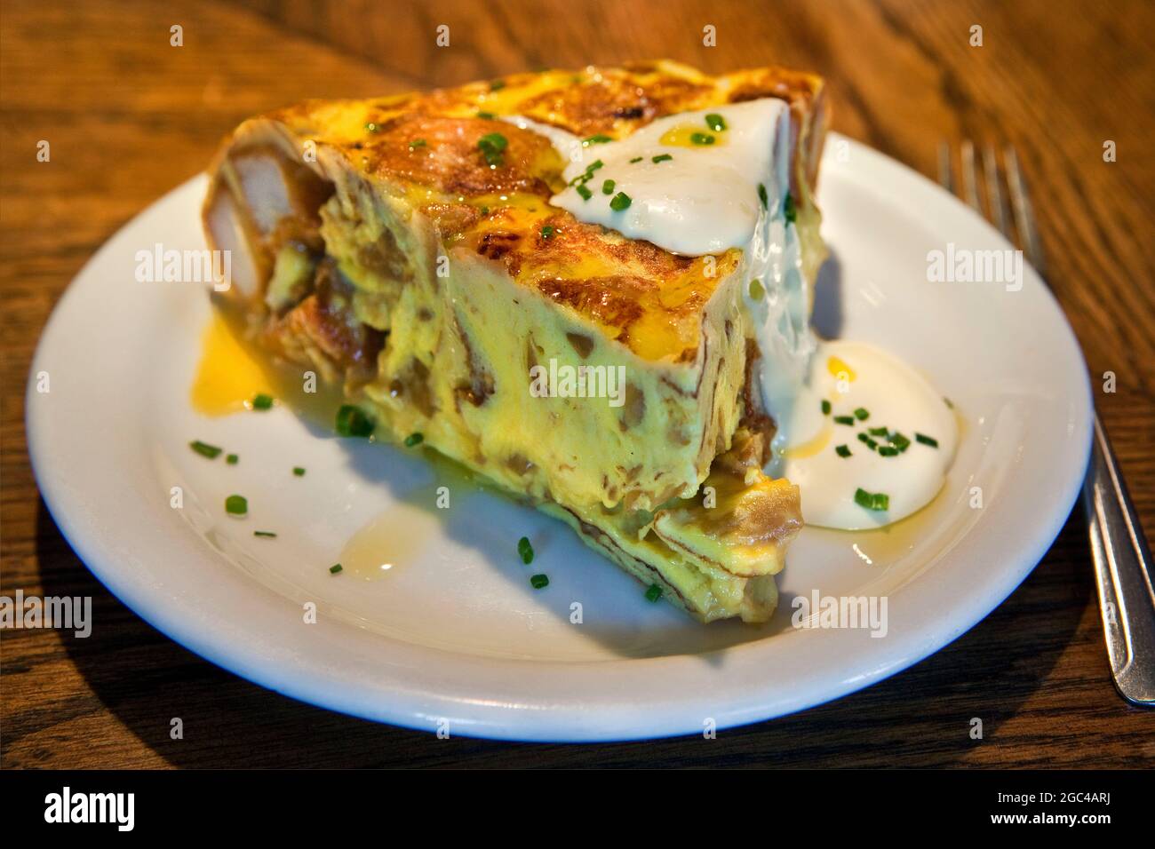 Slice of a tasty tortilla omelette from a Spanish restaurant in Los