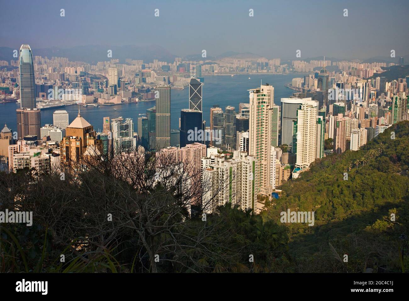 Afternoon view from Victoria Peak of Hong Kong Island, the Bay, and