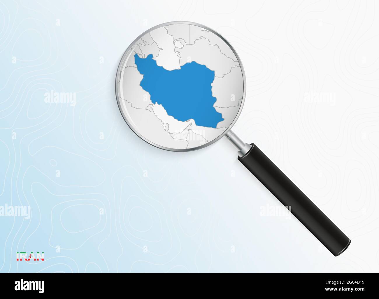 Magnifier with map of Iran on abstract topographic background. Vector ...