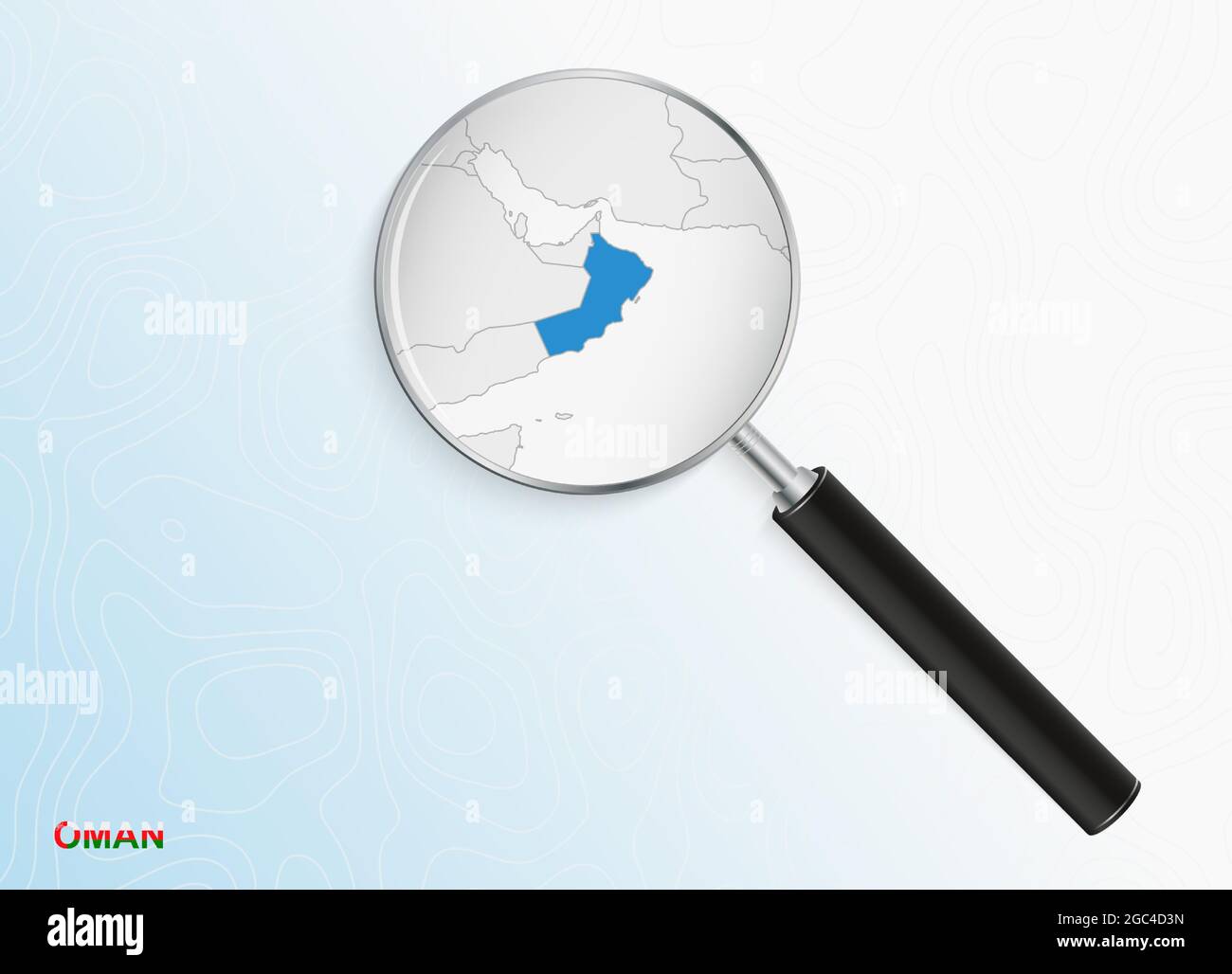Magnifier with map of Oman on abstract topographic background. Vector map. Stock Vector