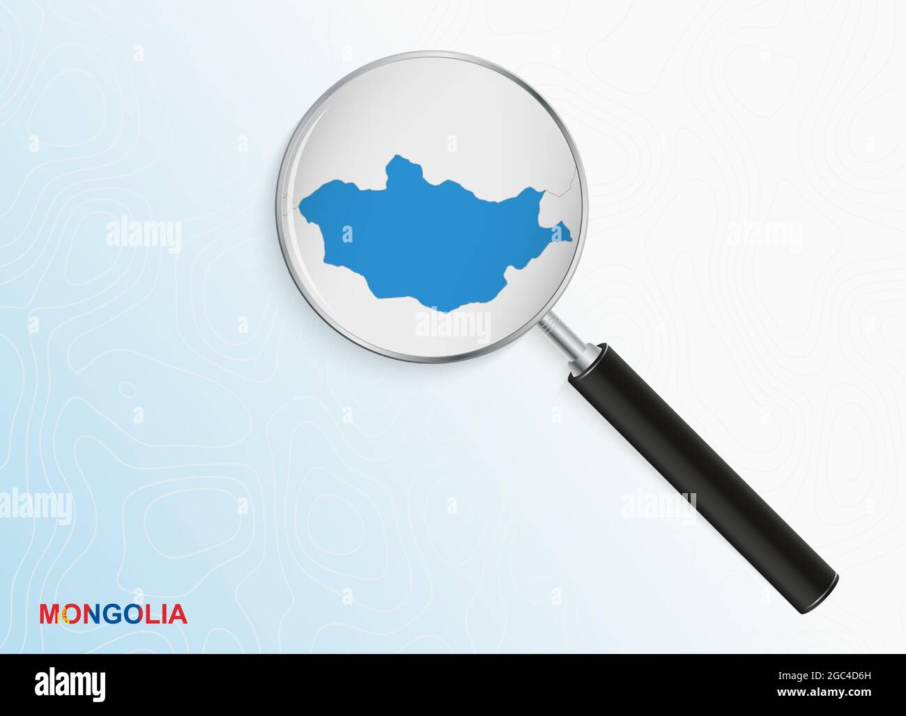 Magnifier with map of Mongolia on abstract topographic background. Vector map. Stock Vector