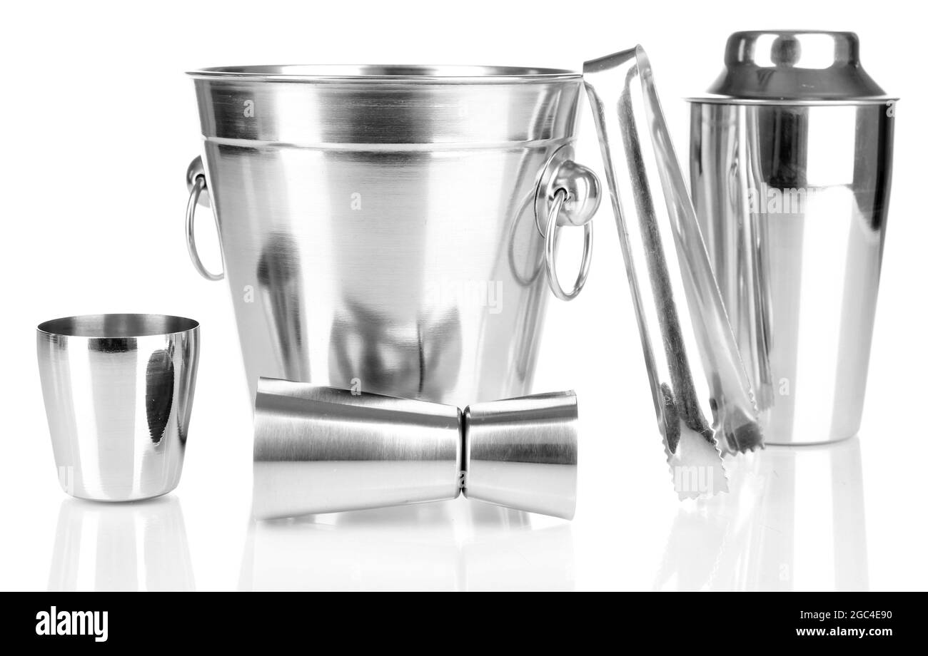 Cocktail shaker and metal ice bucket isolated on white Stock Photo Alamy
