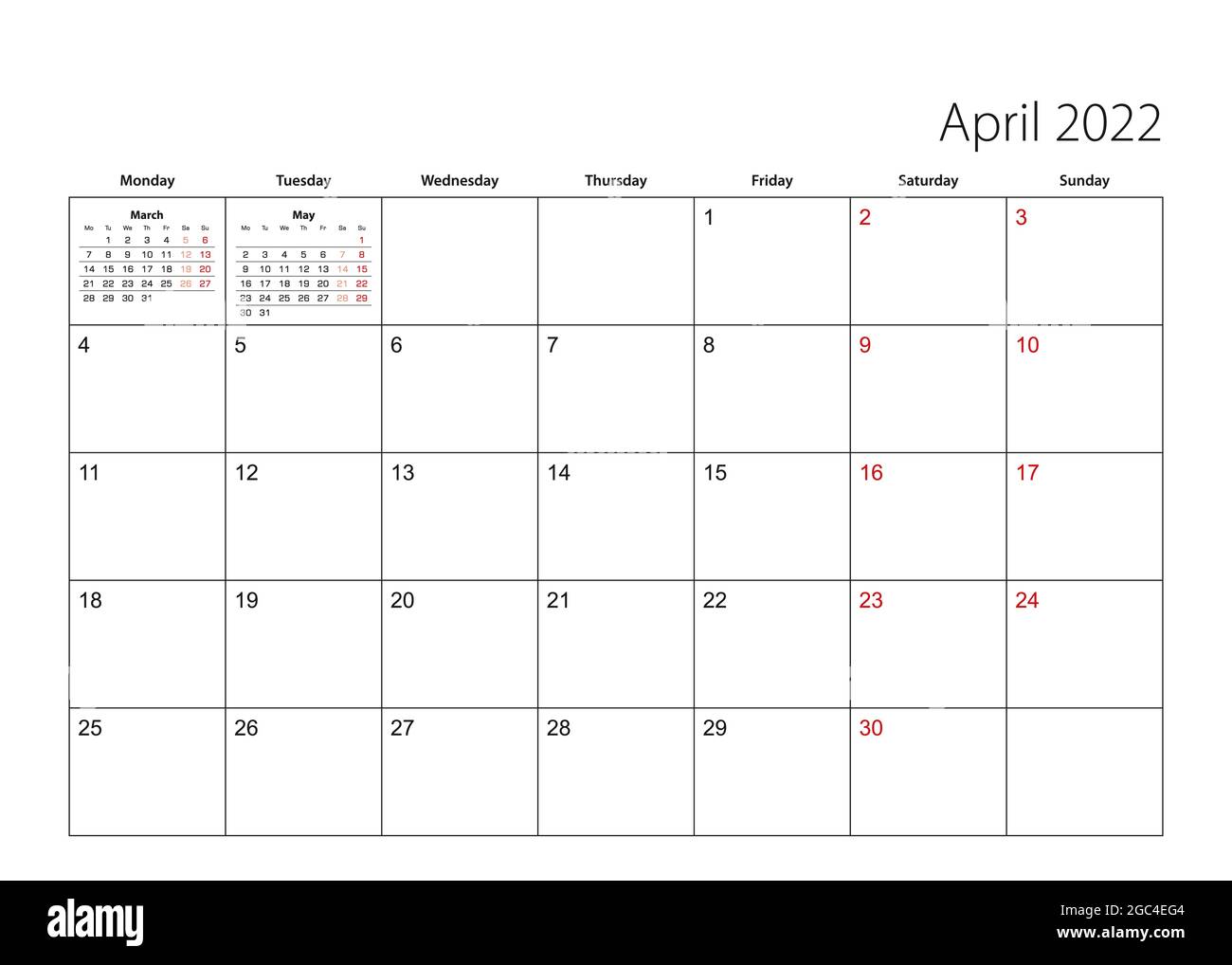 April 2022 Simple Calendar Planner, Week Starts From Monday. Vector Calendar Planner Stock Vector Image & Art - Alamy