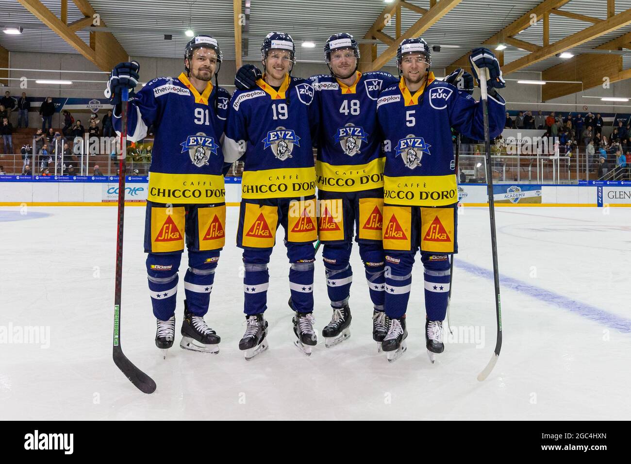 Zug, Switzerland. 06th Aug, 2021. Carl Klingberg # 48 (EV Zug) and his  three new Swedish compatriots at EV Zug with Anton Lander # 91 (EV Zug),  Niklas Hansson # 19 (EV