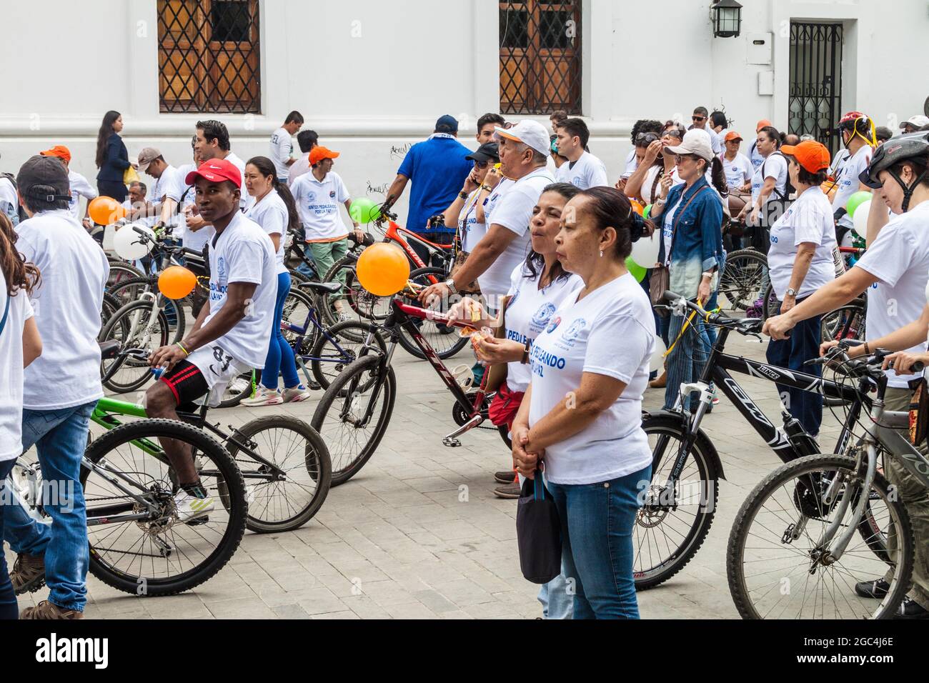 POPAYAN, COLOMBIA - SEPTEMBER 11, 2015: Members of Juntos Pedaleando por la Paz (Together Cycling for the Peace) manifestation in Popayan, Colombia Stock Photo