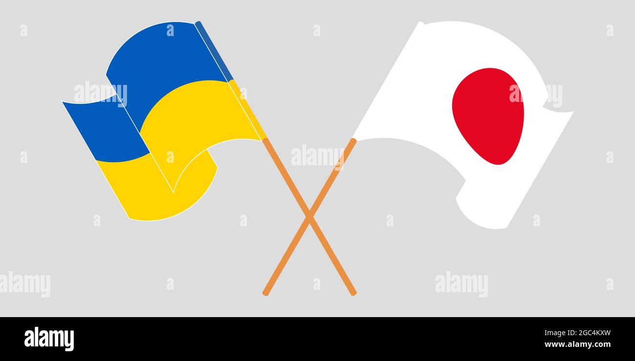 Crossed and waving flags of the Ukraine and Japan Stock Vector