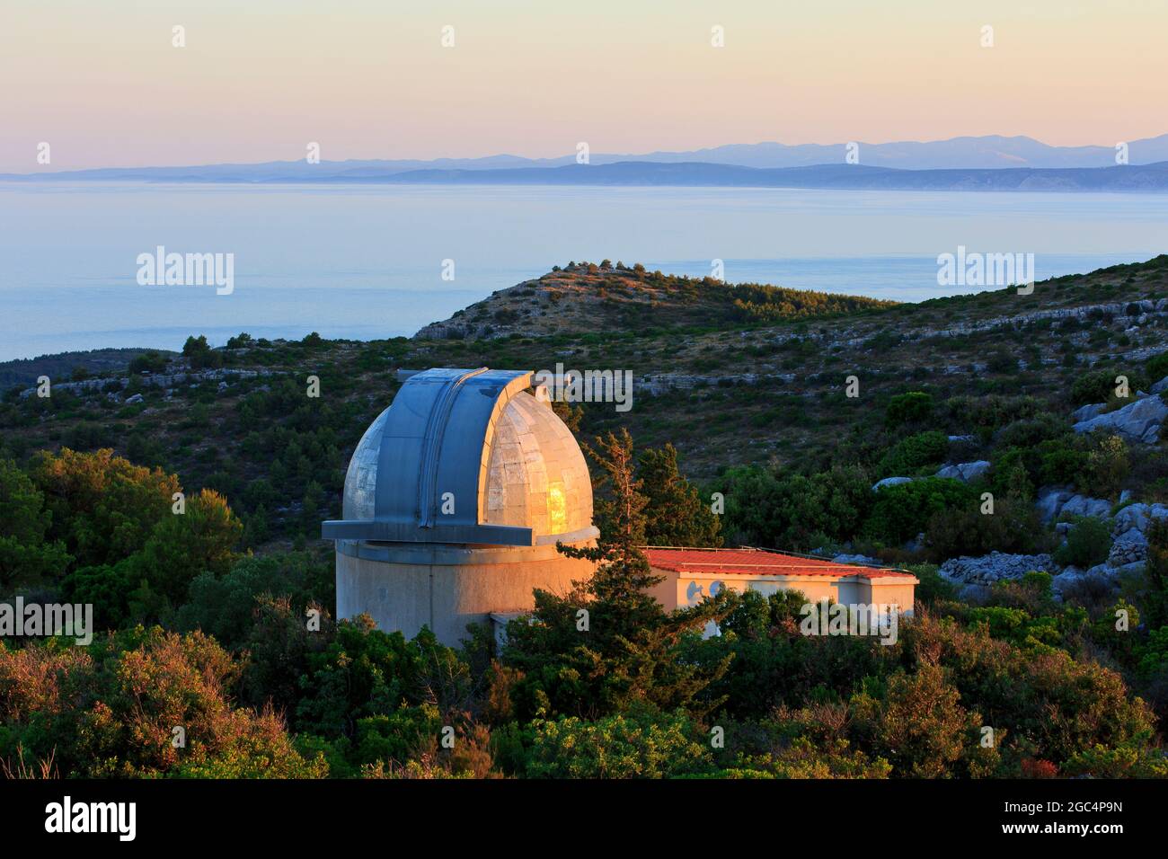 One of two observatories in Hvar, Croatia at sunrise Stock Photo