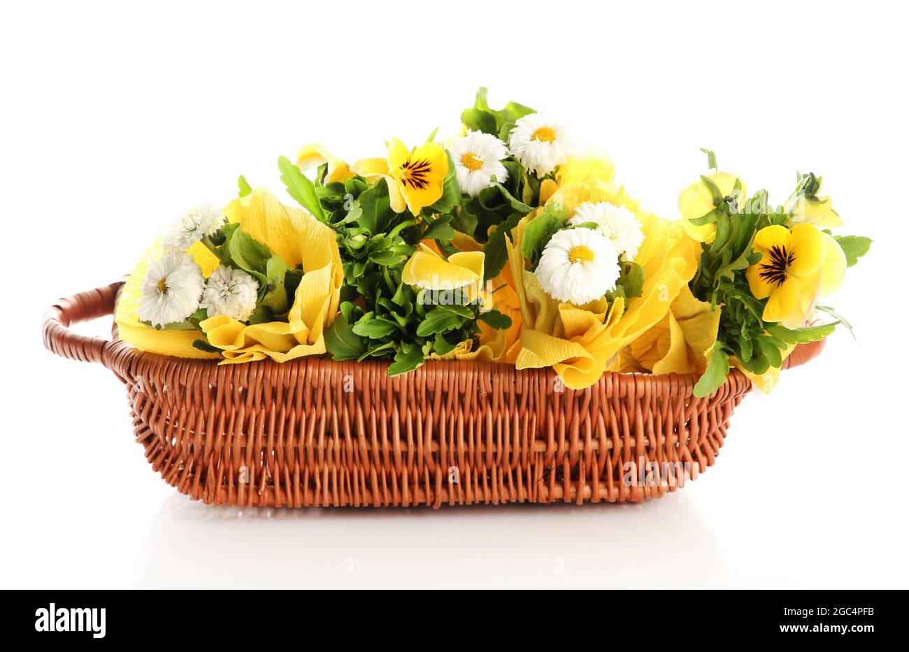 Beautiful spring flowers in basket isolated on white Stock Photo Alamy