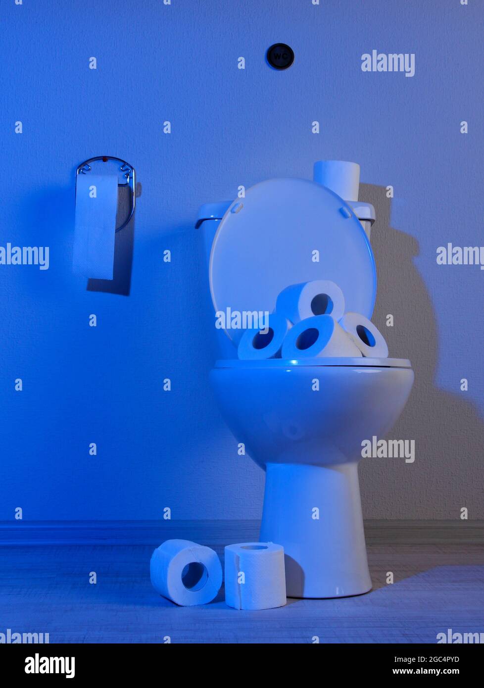Toilet bowl and toilet paper in a bathroom with blue light Stock Photo