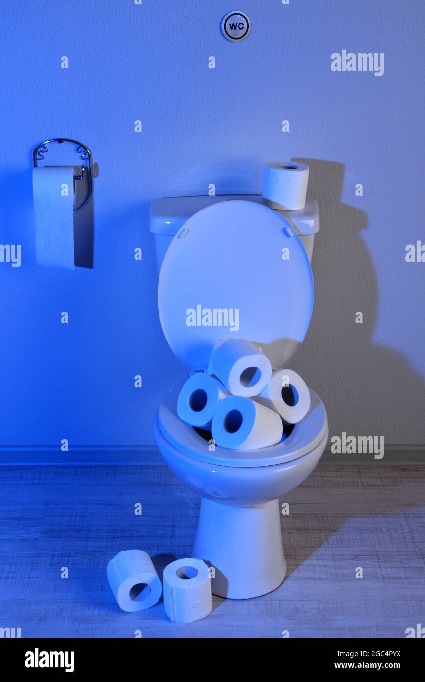 Toilet bowl and toilet paper in a bathroom with blue light Stock Photo