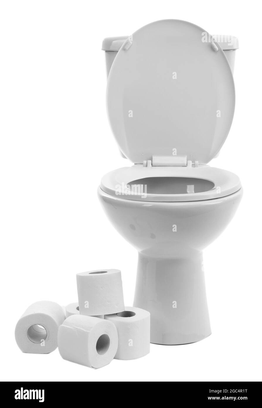 White toilet bowl with toilet paper, isolated on white Stock Photo - Alamy