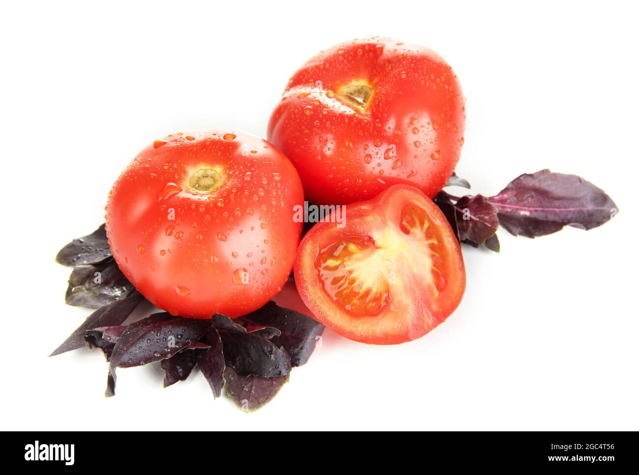 Fresh tomatoes and basil leaves isolated on white Stock Photo - Alamy