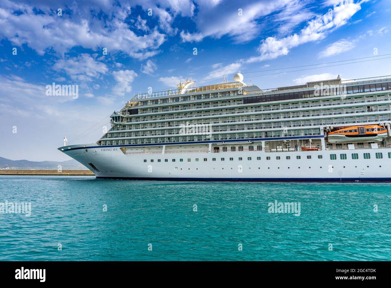 Viking Sea Cruise Ship Leaving The Port Of Kalamata City Against A Cloudy Sunset Sky In Messenia Greece Stock Photo Alamy