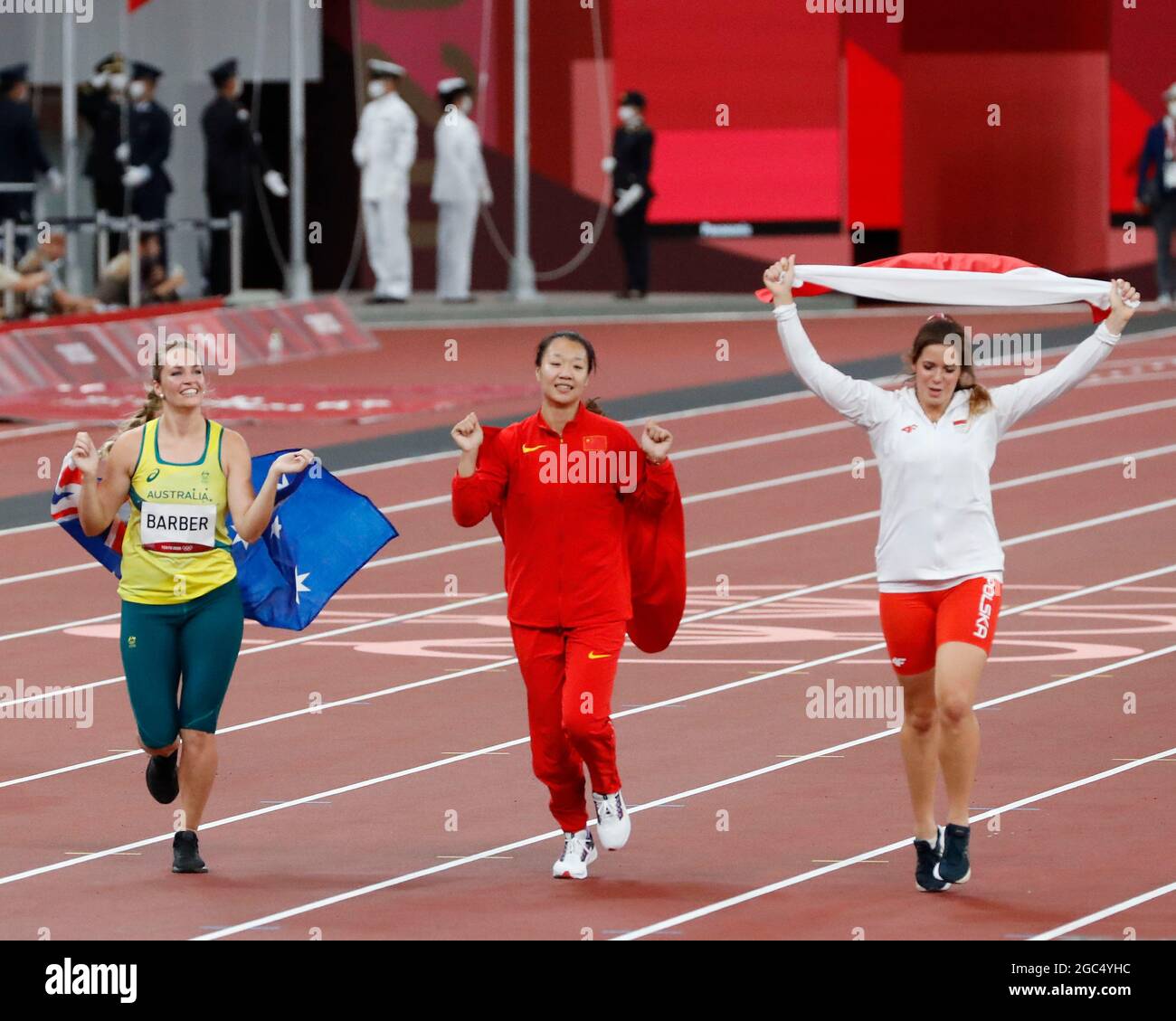 Tokyo, Kanto, Japan. 6th Aug, 2021. Kelsey-Lee Barber (AUS), Shiying Liu (CHN), and Maria ANDREJCZYK (POL) react after winning the women's javelin throw final during the Tokyo 2020 Summer Olympic Games at Olympic Stadium. (Credit Image: © David McIntyre/ZUMA Press Wire) Credit: ZUMA Press, Inc./Alamy Live News Stock Photo