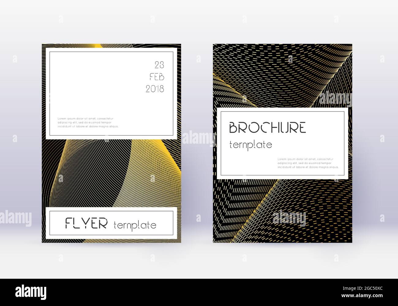 Stylish cover design template set. Gold abstract lines on black ...