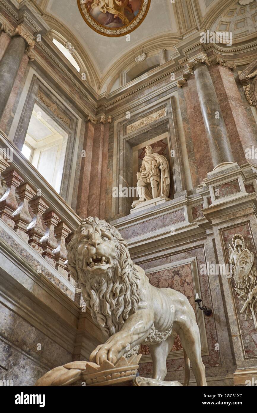 Reggia di Caserta - Grand Staircase with marble lion Stock Photo