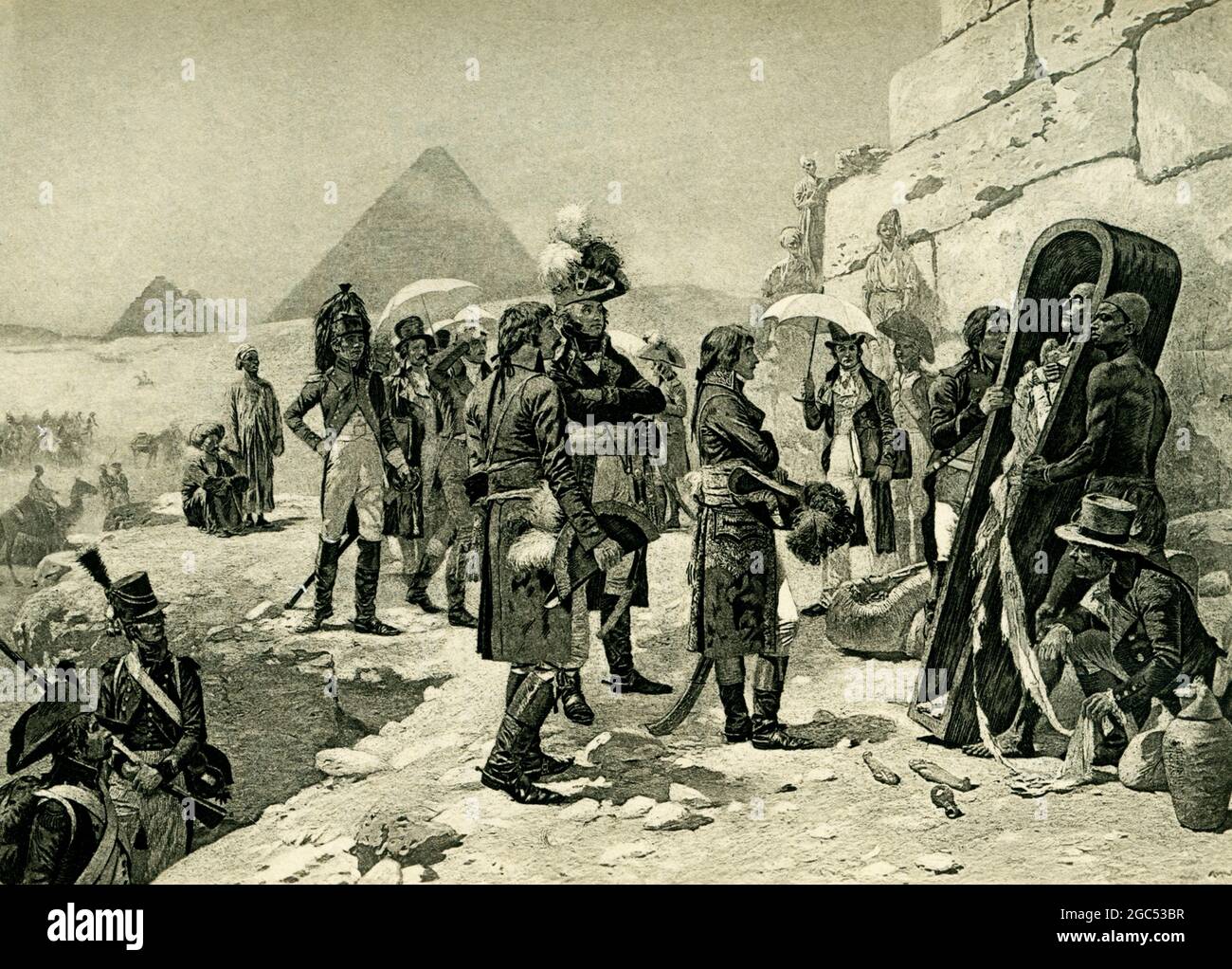 The caption accompanying this 1903 illustration in Gaston Maspero’s book on  History of Egypt reads: “Bonaparte in Egypt after painting by M Orange.”  When Napoleon was n Egypt, he toured the ancient sites, including the Sphinx, and had his savants note all pertinent facts. Here he and his men are shown looking at an uncovered mummy. Maurice Orange, who was born in 1867 and died in 1916, was a French painter and artist. Stock Photo