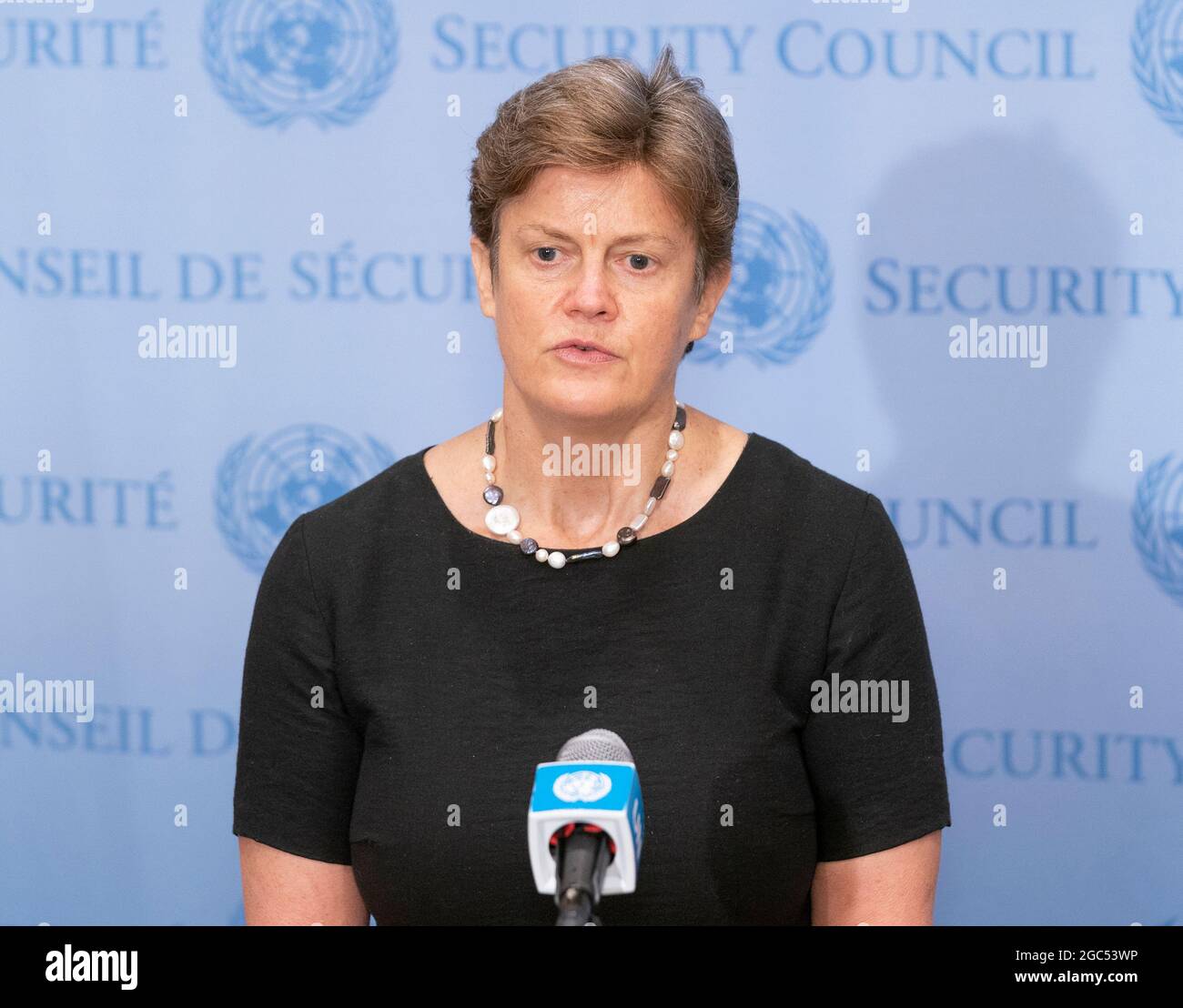 New York, United States. 06th Aug, 2021. The Permanent Representative of the United Kingdom to the UN Ambassador Dame Barbara Woodward addressed media at stakeout at UN Headquarters in New York on August 6, 2021. The Ambassador discussed the Security Council meeting on the situation in Persian Gulf, she accused Iran of being behind a drone attack on the ship off the coast of Oman in which 2 people were killed, one of them British national and another Romanian. (Photo by Lev Radin/Sipa USA) Credit: Sipa USA/Alamy Live News Stock Photo