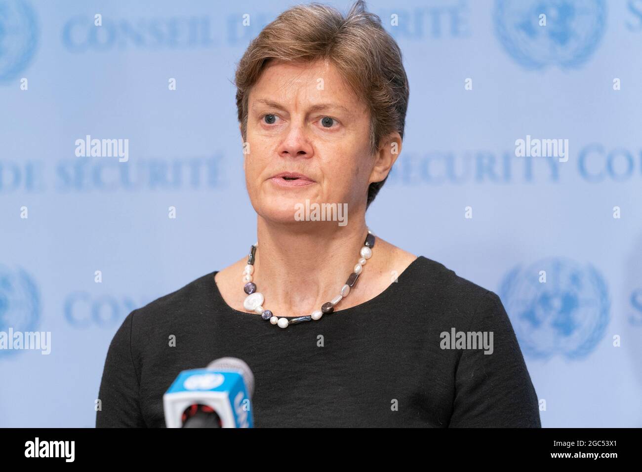 New York, United States. 06th Aug, 2021. The Permanent Representative of the United Kingdom to the UN Ambassador Dame Barbara Woodward addressed media at stakeout at UN Headquarters in New York on August 6, 2021. The Ambassador discussed the Security Council meeting on the situation in Persian Gulf, she accused Iran of being behind a drone attack on the ship off the coast of Oman in which 2 people were killed, one of them British national and another Romanian. (Photo by Lev Radin/Sipa USA) Credit: Sipa USA/Alamy Live News Stock Photo