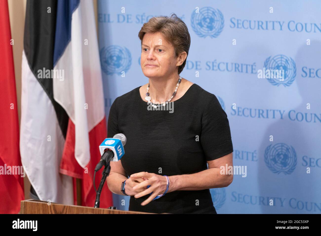 New York, United States. 06th Aug, 2021. The Permanent Representative of the United Kingdom to the UN Ambassador Dame Barbara Woodward addressed media at stakeout at UN Headquarters in New York on August 6, 2021. The Ambassador discussed the Security Council meeting on the situation in Persian Gulf, she accused Iran of being behind a drone attack on the ship off the coast of Oman in which 2 people were killed, one of them British national and another Romanian. (Photo by Lev Radin/Sipa USA) Credit: Sipa USA/Alamy Live News Stock Photo