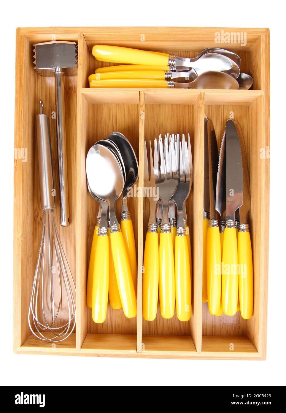 Wooden cutlery box with checked cutlery isolated on white Stock Photo