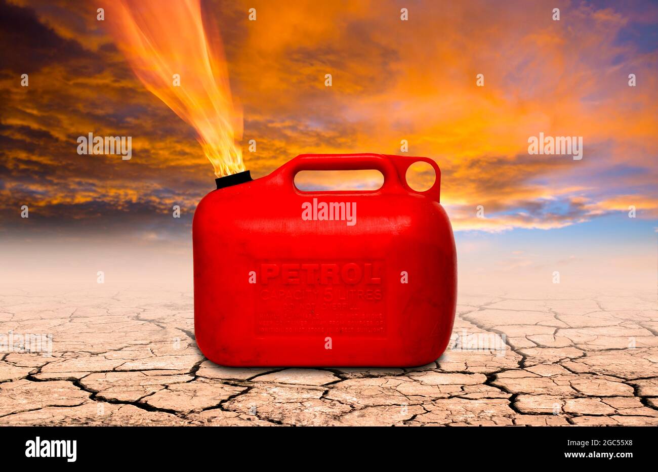 Drought and petrol can Stock Photo