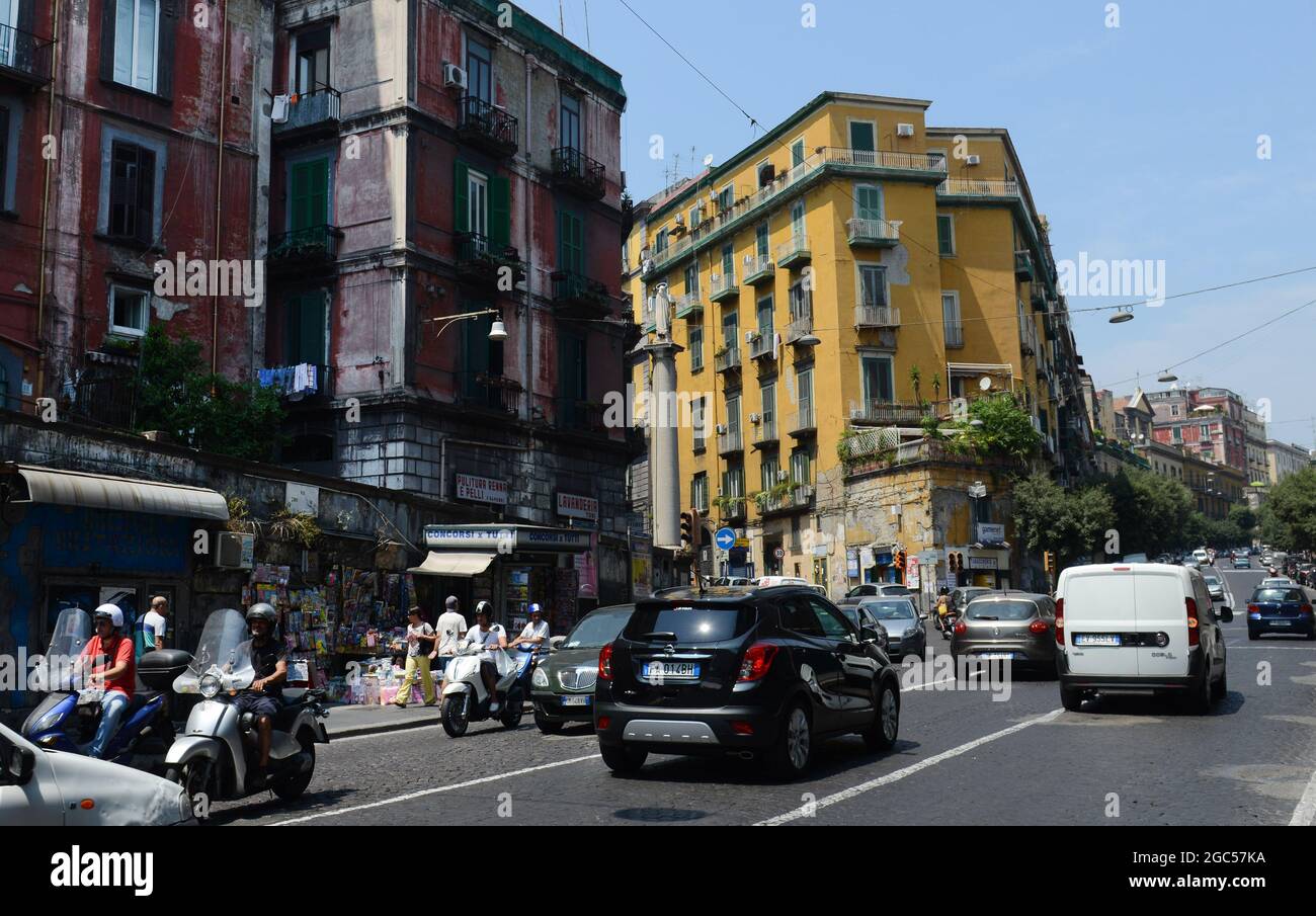 Driving on Via Salvatore Tommasi near the junction with Via Salvator Rosa in Naples, ITaly. Stock Photo