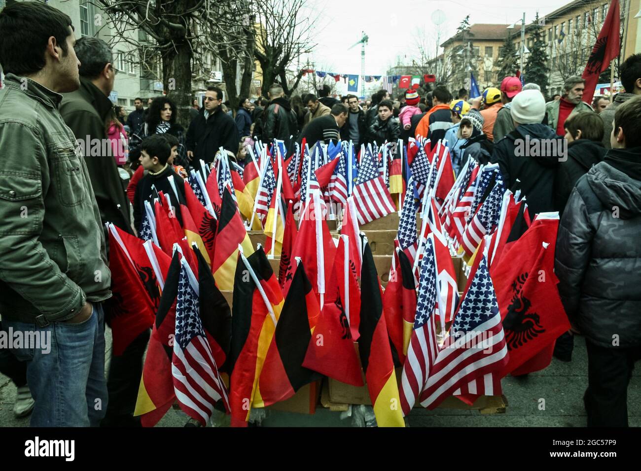 Picture of flags of Kosovo, Albania, Germant and the USA waiving in the air in the streets of Prishtina, Kosovo, during the 17th of February, the Koso Stock Photo