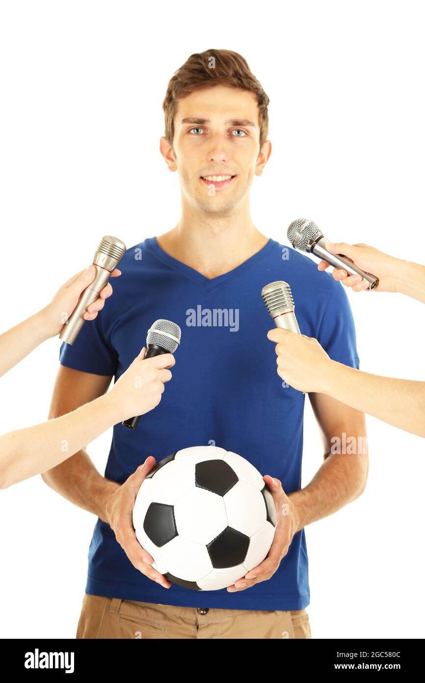 Interview with a young soccer player, isolated on white Stock Photo Alamy