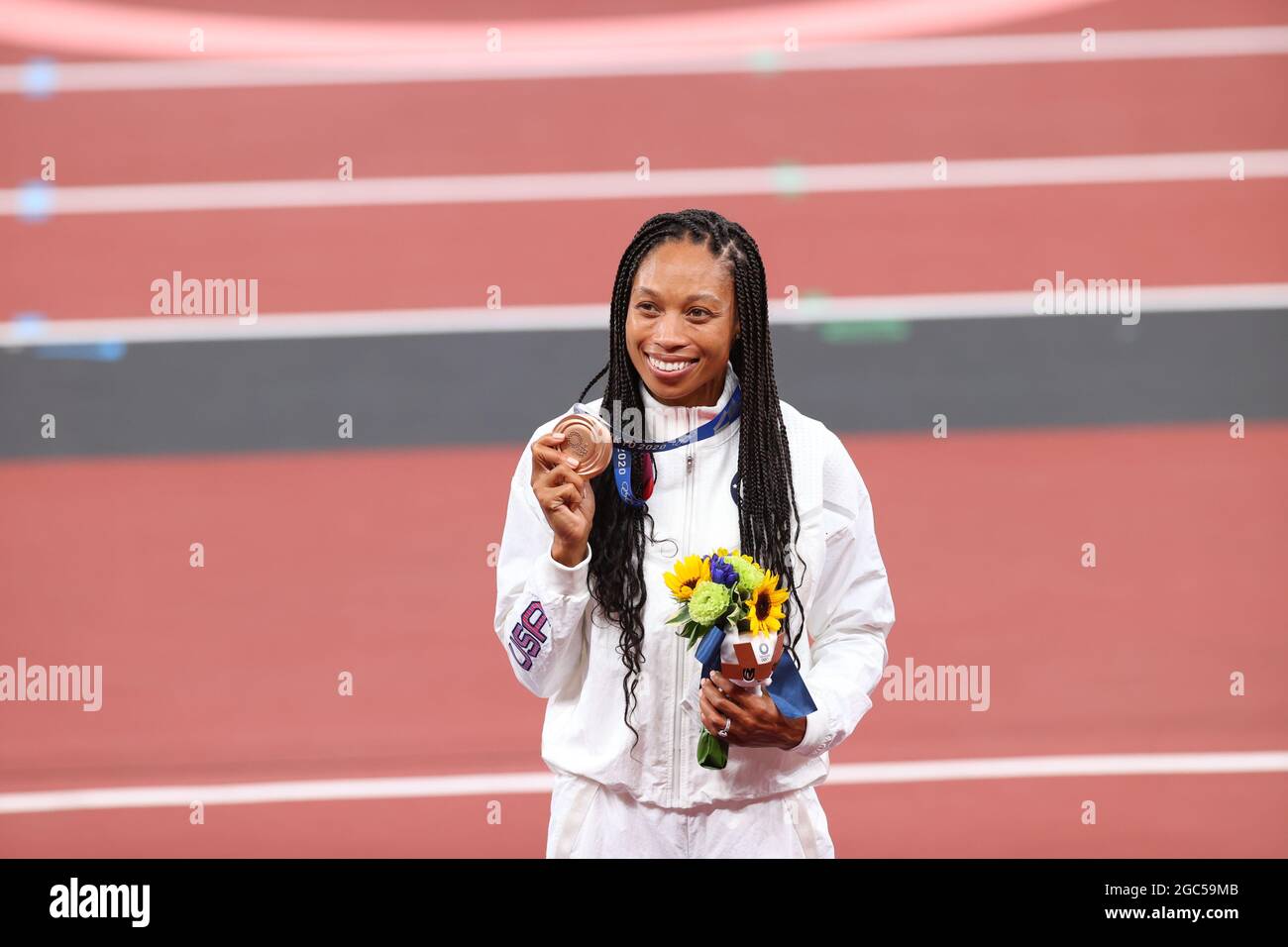 Tokyo, Japan. 6th Aug, 2021. Allyson FELIX (USA) celebrates on the