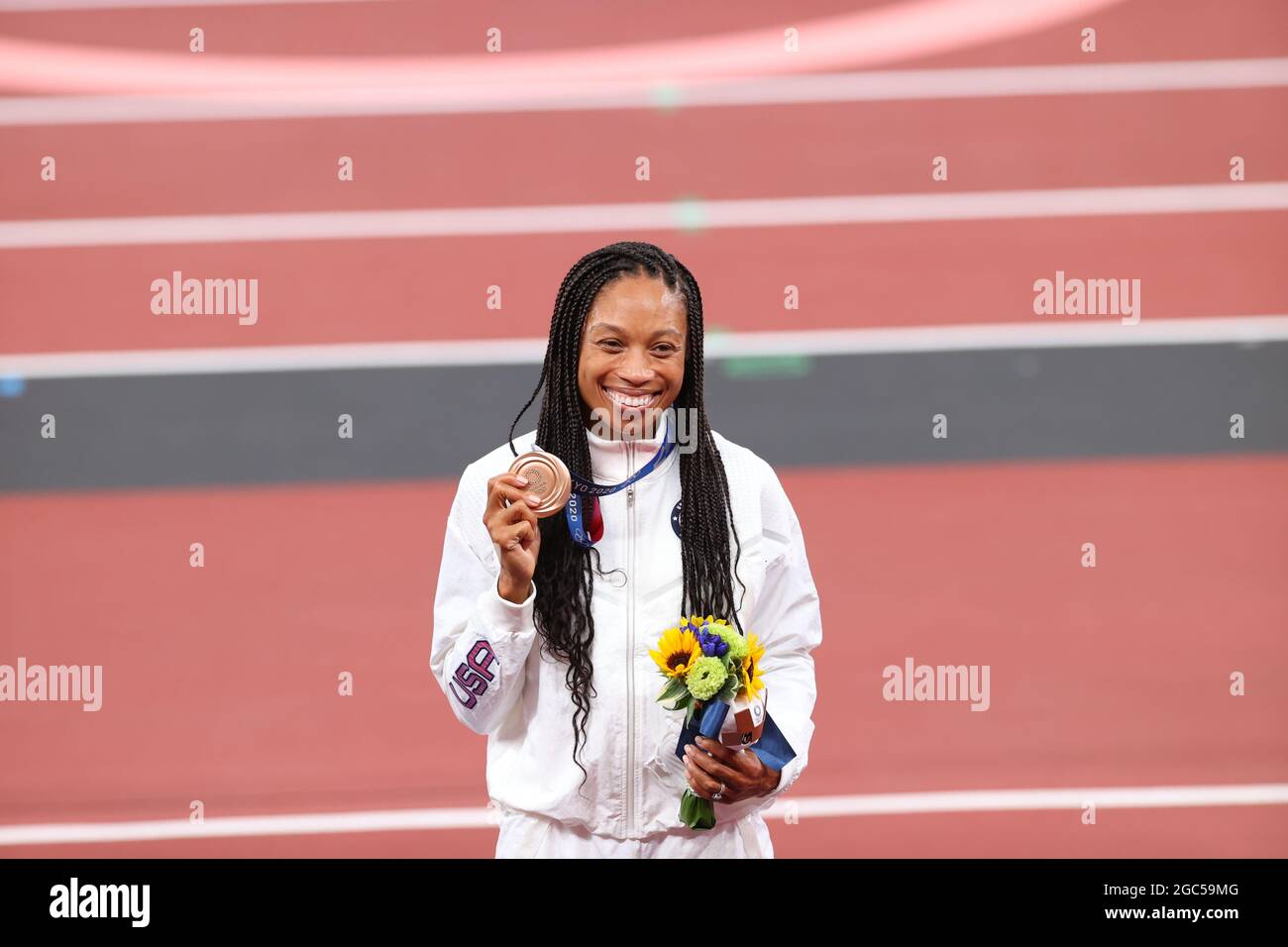 Tokyo, Japan. 6th Aug, 2021. Allyson FELIX (USA) celebrates on the