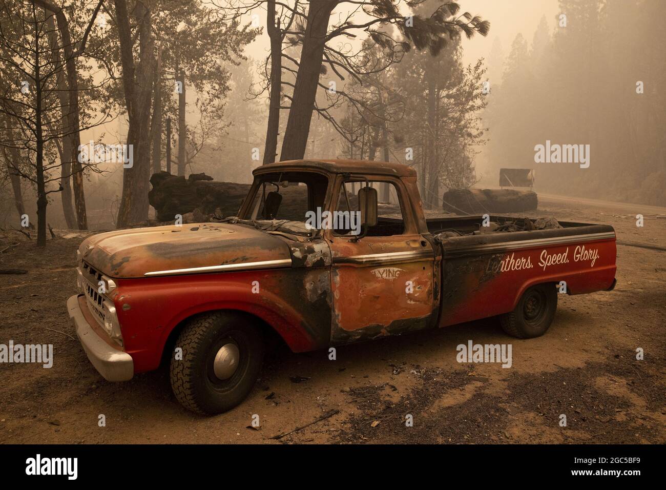 Greenville, USA. 06th Aug, 2021. A partially burned truck sits along Main Street in the downtown area of Greenville, California after the Dixie fire destroyed the town, Friday August 6, 2021. Photo by Peter DaSilva/UPI Credit: UPI/Alamy Live News Stock Photo